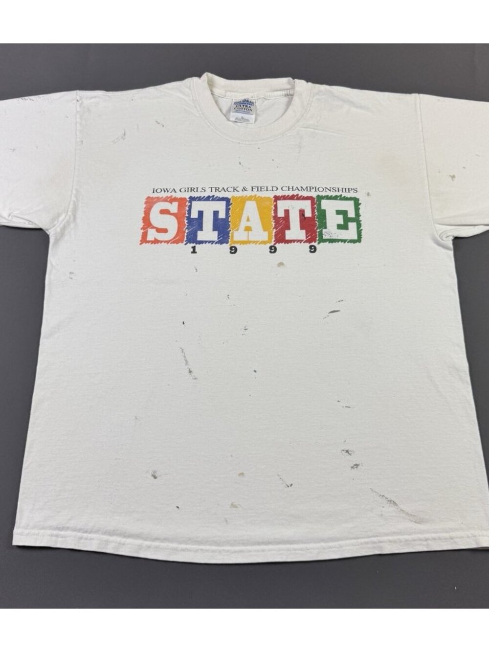 Rare Vintage 90s Iowa State Girls Track & Field Championship XL Paint Stains T
